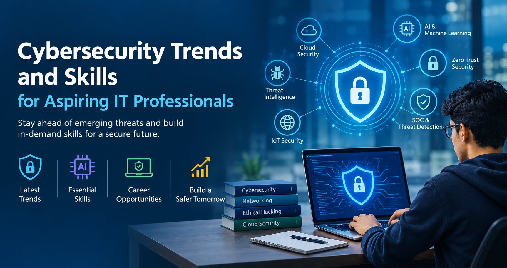 Cybersecurity trends and skills for aspiring IT professionals, including AI security, cloud security, ethical hacking, network security, and cybersecurity career paths.